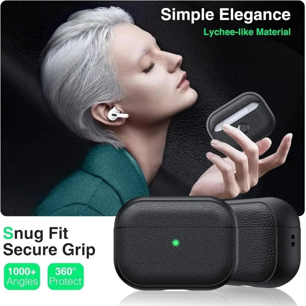 Obsidian black lychee-texture AirPods case with secure fit and keychain ring
