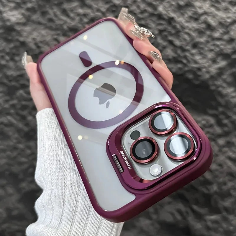 Purple phone case with magnetic lens ring and triple camera cover, deep pink frame