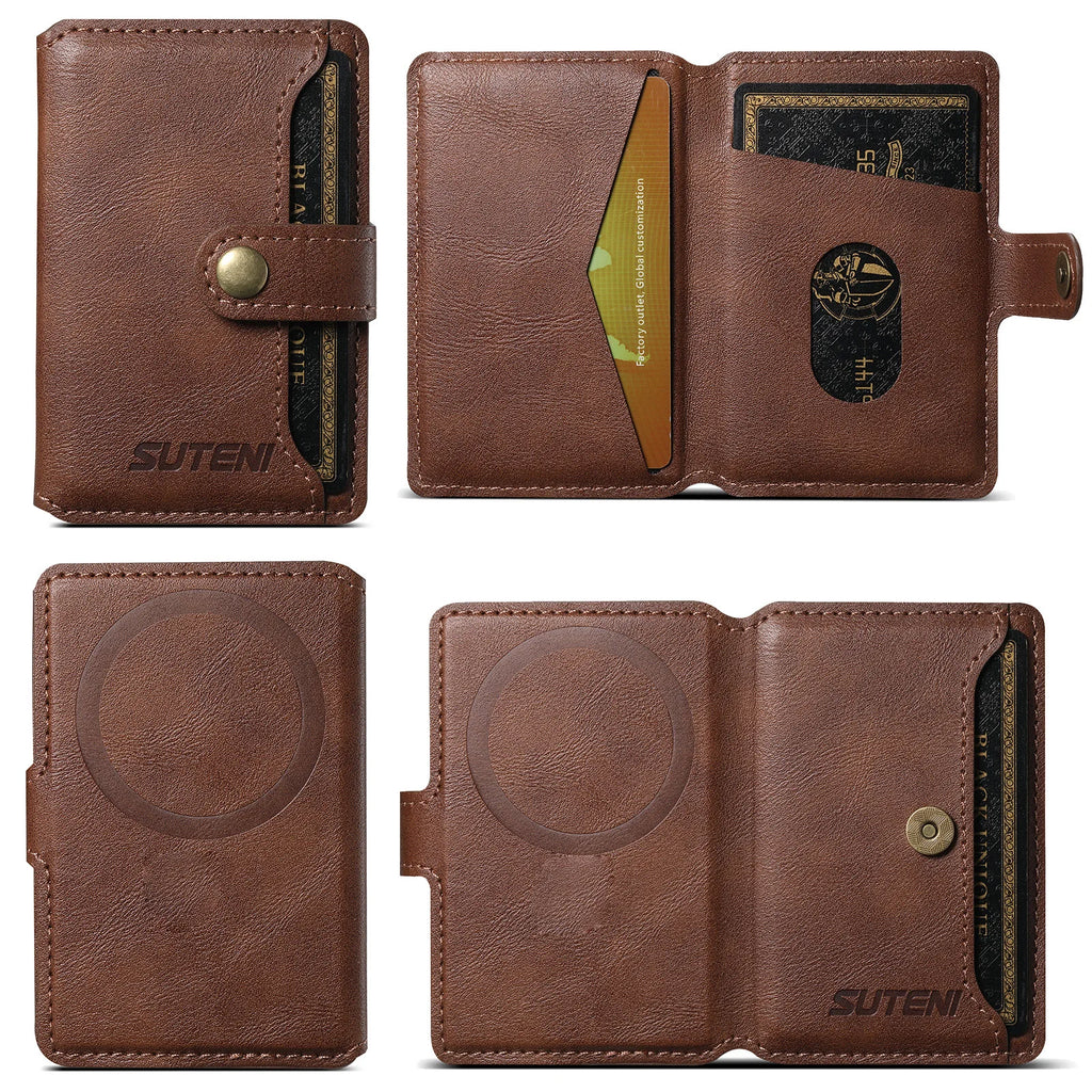Brown leather phone wallet with card slots and foldover cover in multiple angles