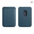 Magnetic card holder, sky blue leather; front pocket and oval rear cutout