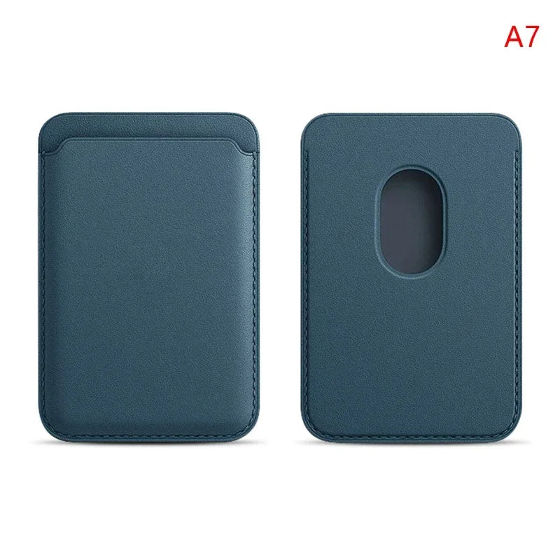 Magnetic card holder, sky blue leather; front pocket and oval rear cutout