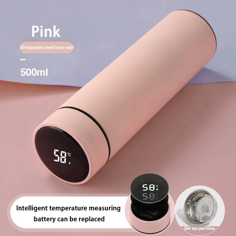 Pink smart thermos with digital temperature display on the lid
