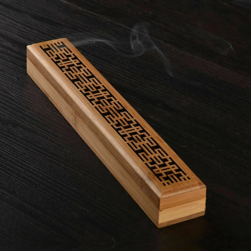 Bamboo incense box holder with dark geometric inlay pattern