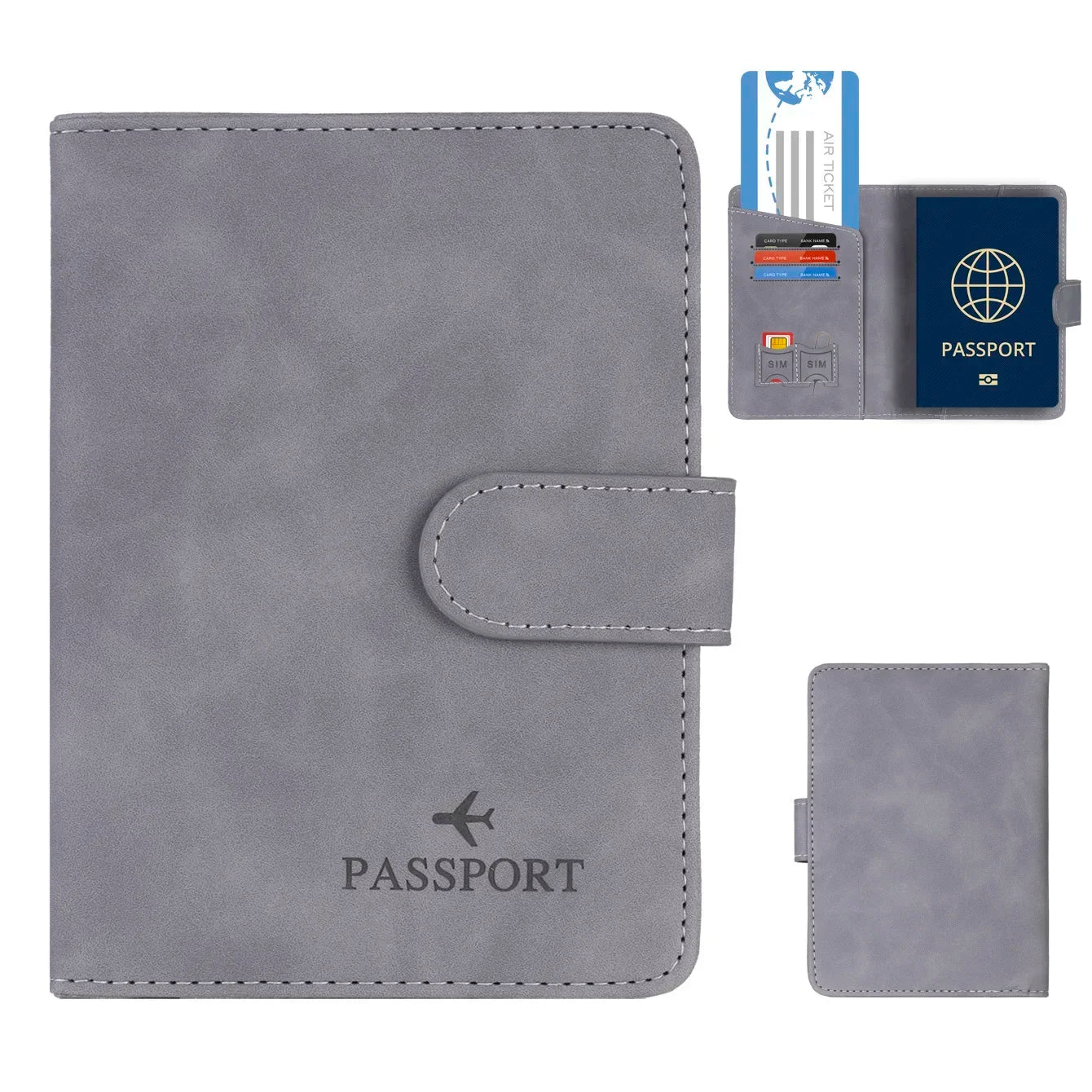 RFID passport wallet in slate grey vegan leather, front flap with “PASSport” stamp