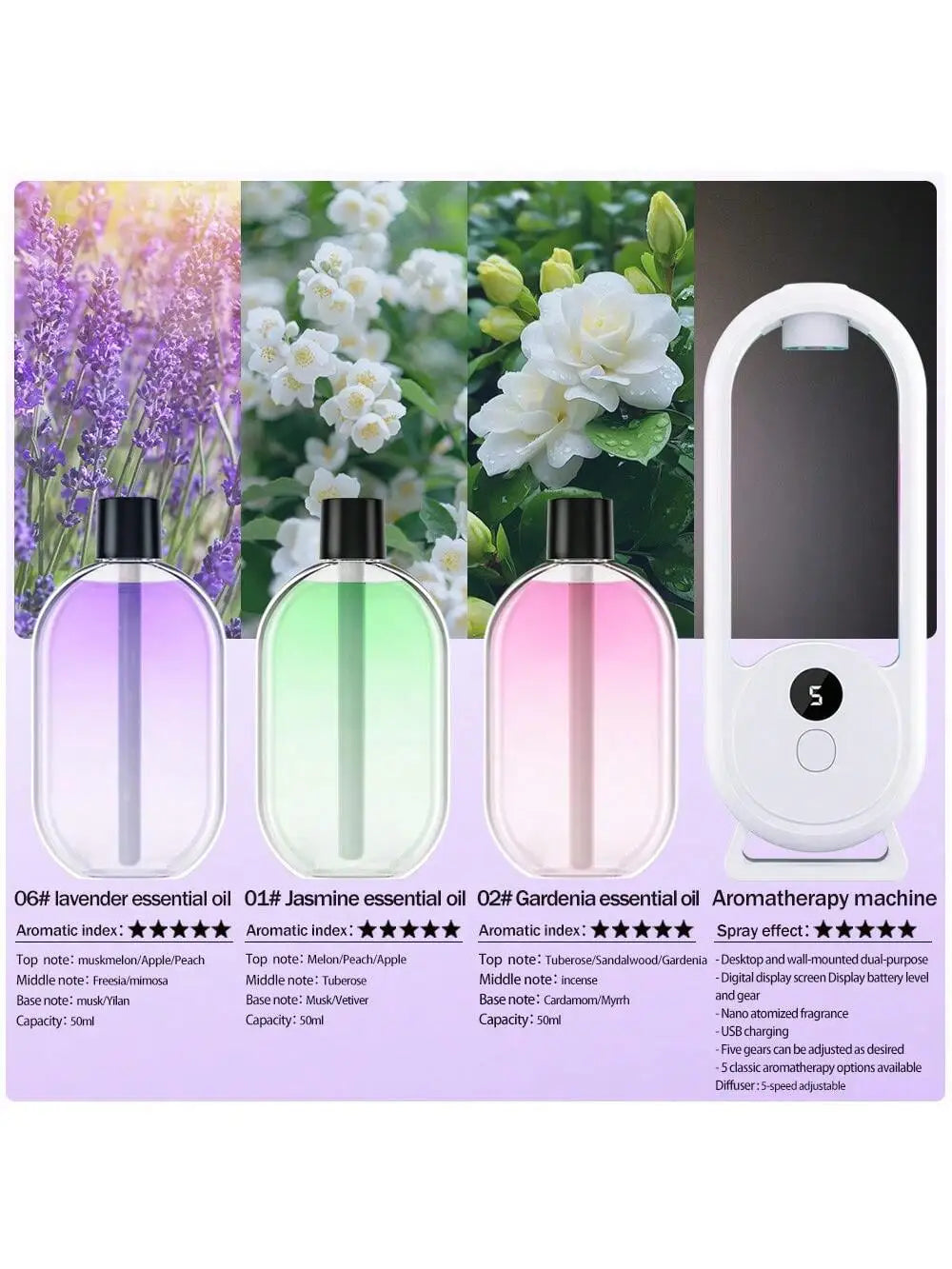 Aroma diffuser set with refill oils: lavender (purple), jasmine (green), Gardenia (pink)