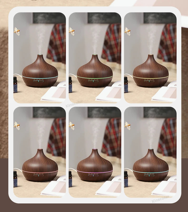 Dark wood grain aroma diffuser shown in multiple color light modes
