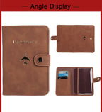 Passport folio set showing brown and tan covers with airplane logo and snap closure, open view