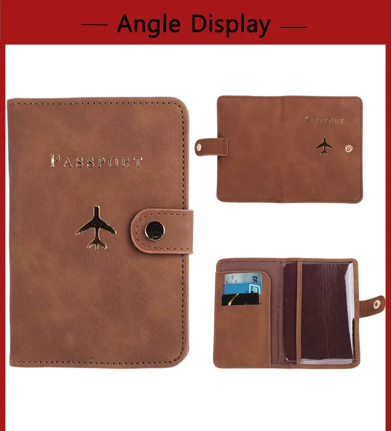 Passport folio set showing brown and tan covers with airplane logo and snap closure, open view