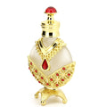 Perfume oil vial with red cap, white body, gold filigree and red gem border