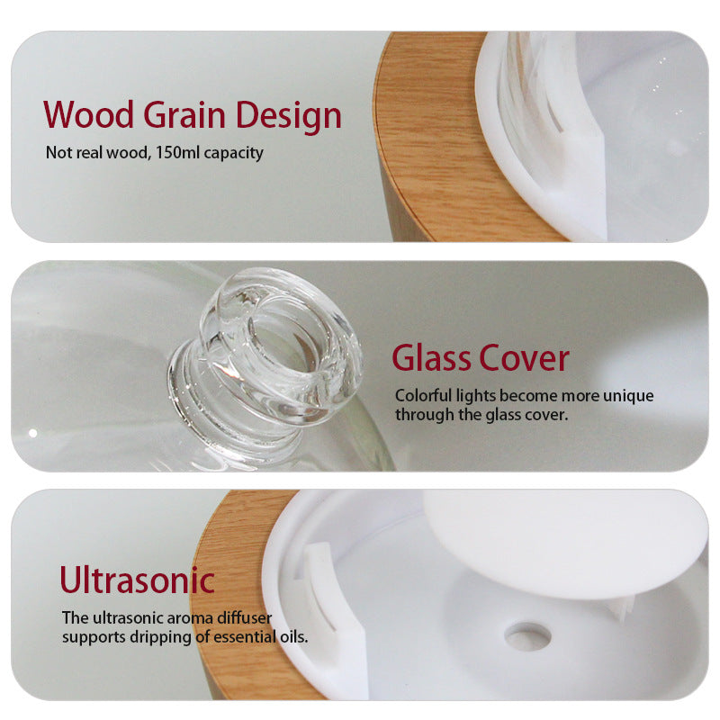 Glass cover and ultrasonic aroma diffuser insert on light wood grain base