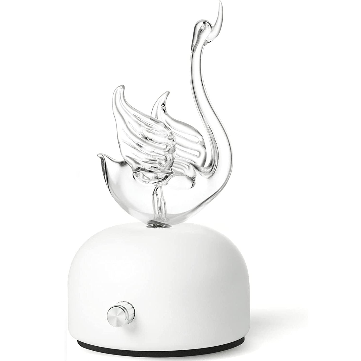 Aroma diffuser with white base and curved flame-like glass aroma outlet