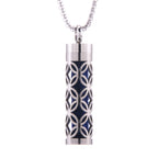 Aroma pendant cylinder with navy blue lattice-style cutouts and silver-tone chain