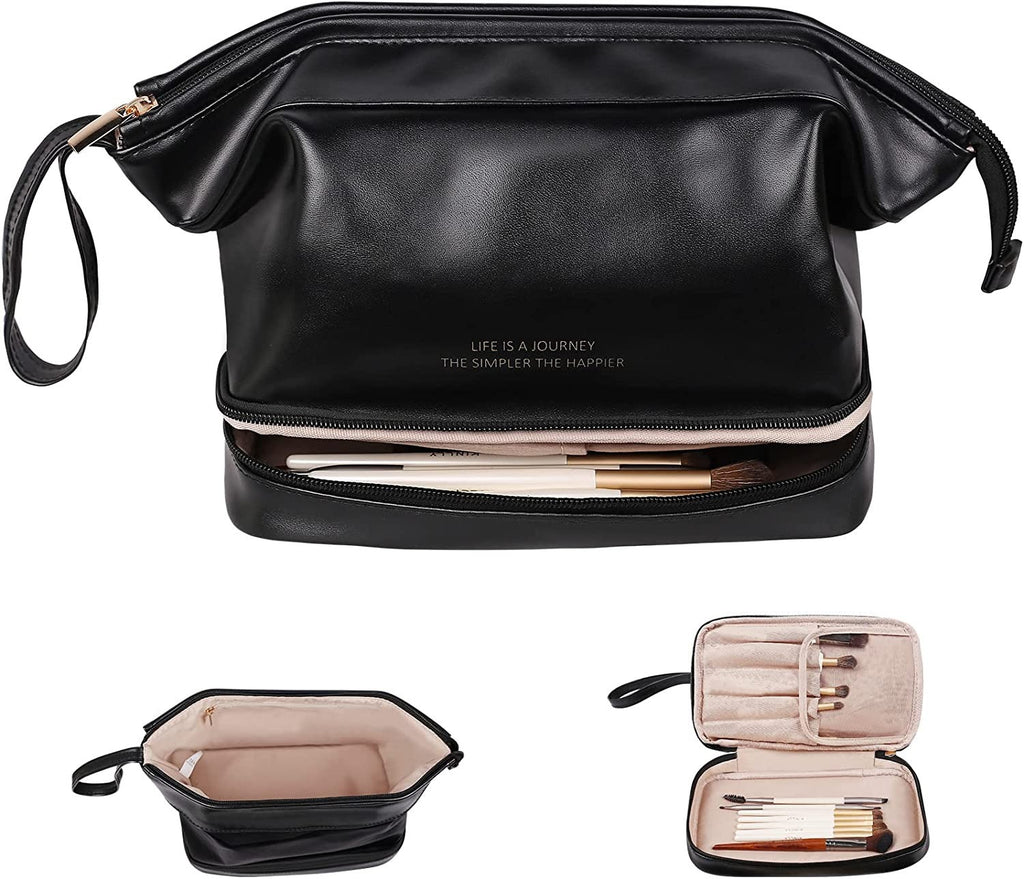 Black cosmetic case with zipper, open compartments and brush holder