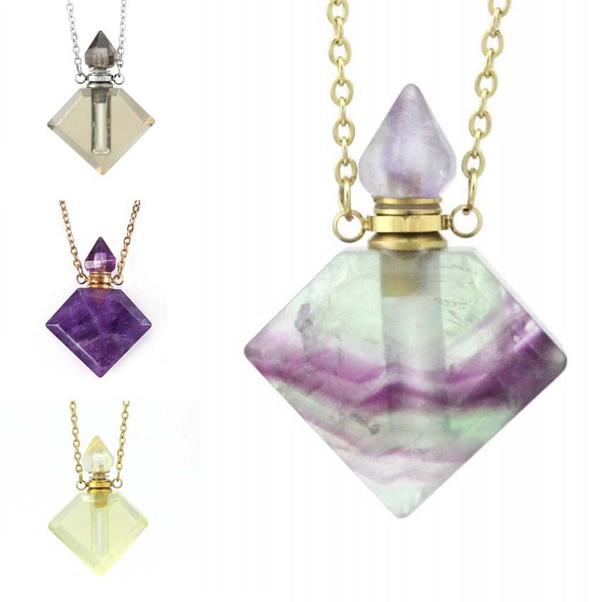 Multi-color diamond perfume pendant with gold cap and chain, faceted crystal drop