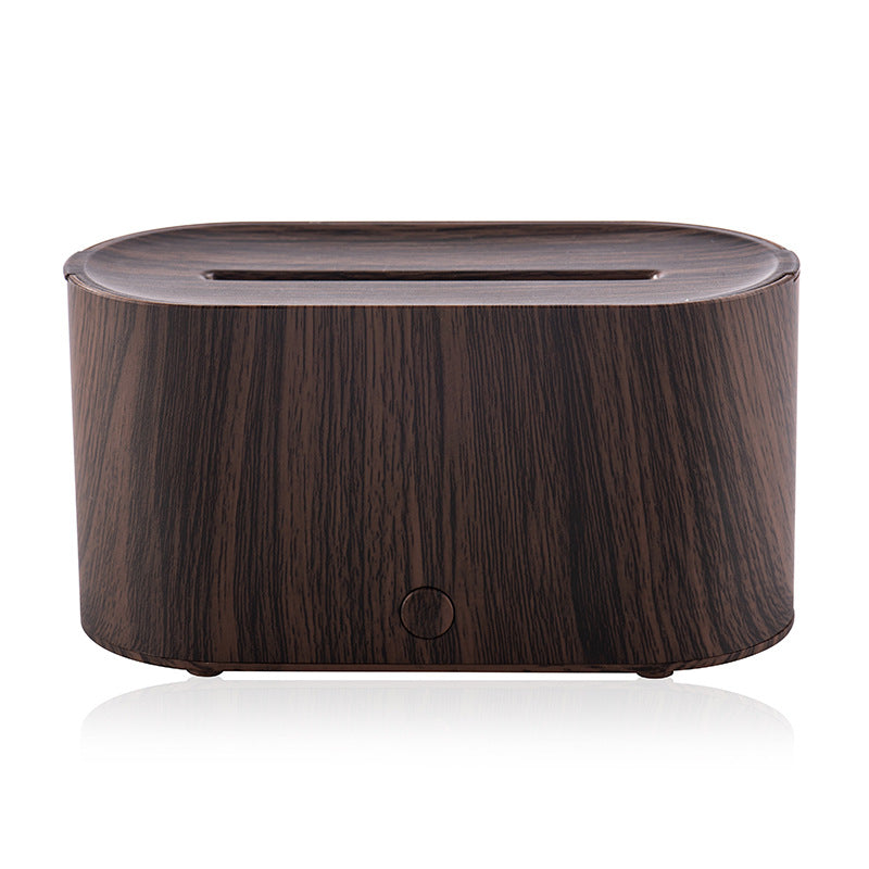 Dark wood grain humidifier with round body, top slot, and power button on front