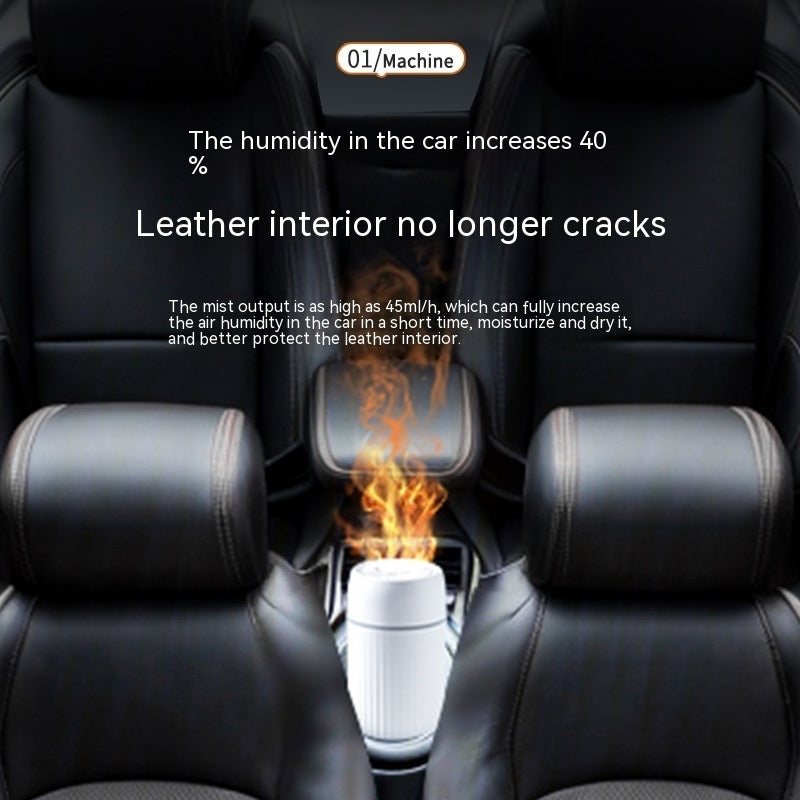 White car aroma diffuser emitting vapor plume in vehicle console area.