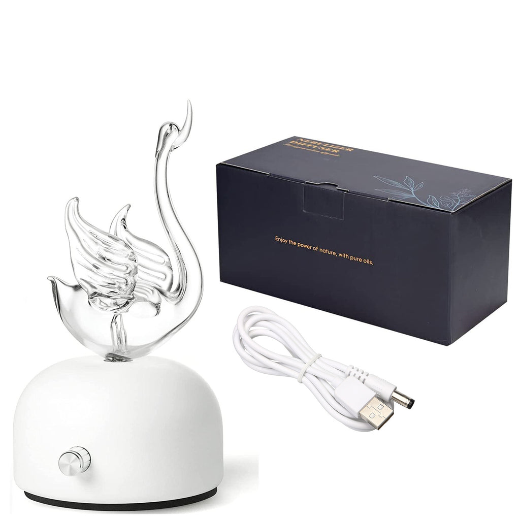 Aroma diffuser with white base, flame-like glass outlet, and USB power cable