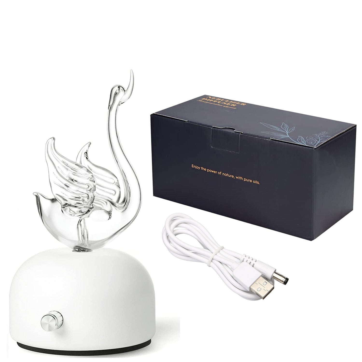 Aroma diffuser with white base, flame-like glass outlet, and USB power cable