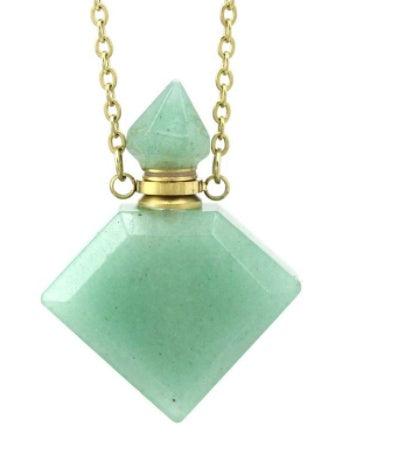 Mint green diamond perfume pendant with gold cap and chain, faceted crystal drop