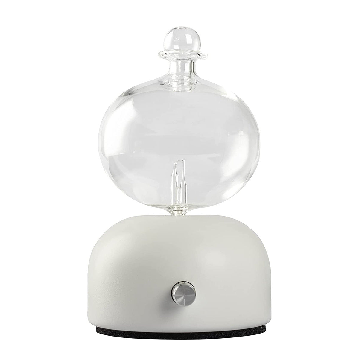 Aroma diffuser with clear glass dome and white base with round control knob