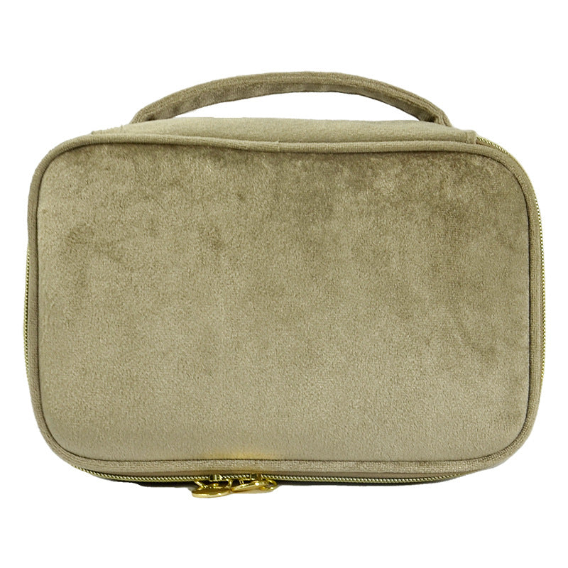 Olive soft travel cosmetic case with top handle and zip closure