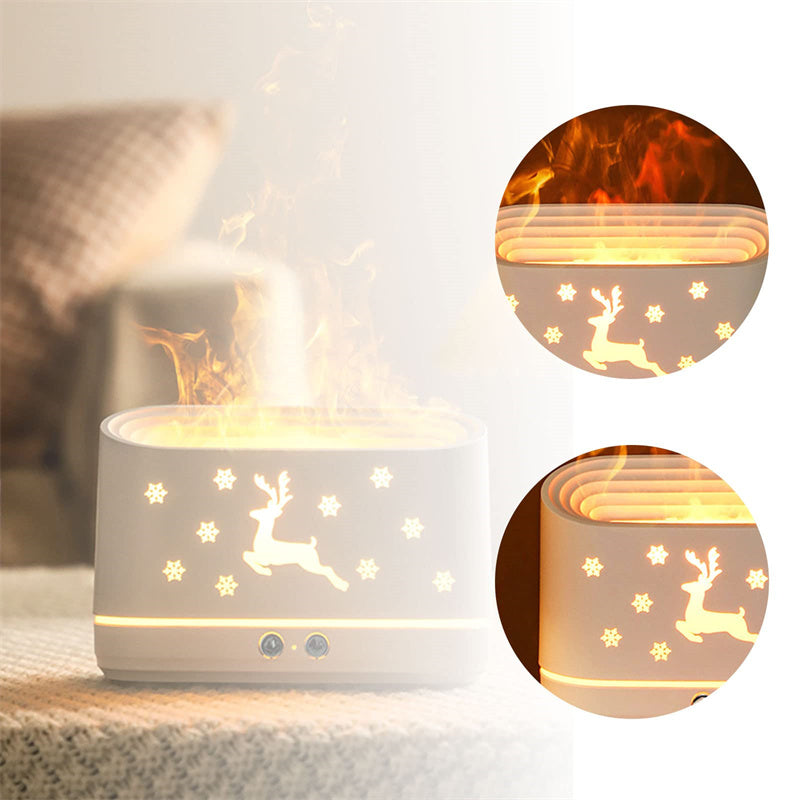 Ivory white elk diffuser glowing with deer silhouette and snowflakes; side view with mist