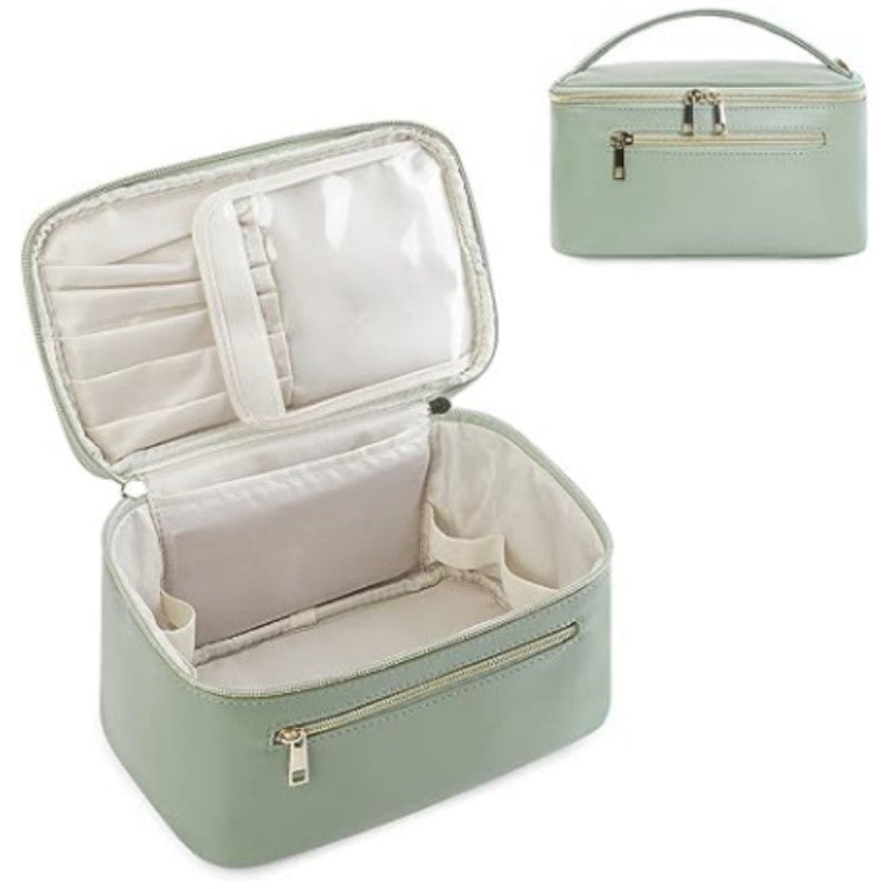 Structured travel vanity pouch in mint green with open lid, interior pockets, zip closure