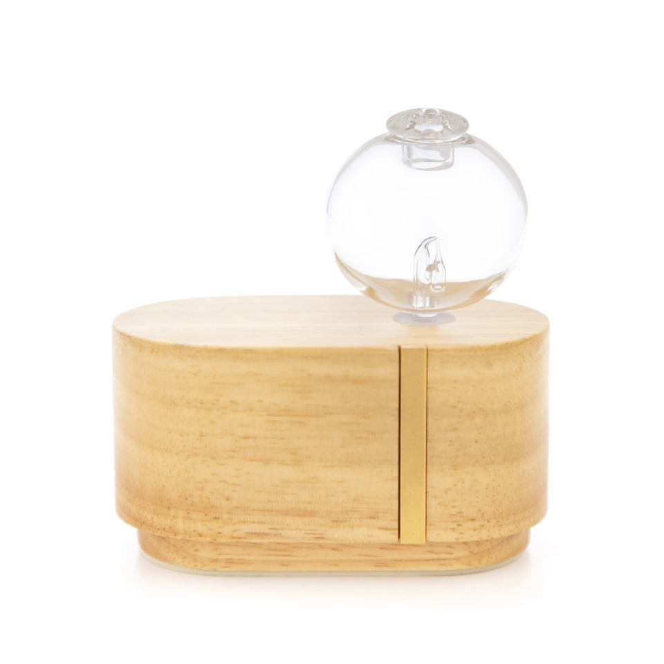 Solid wood aroma diffuser with round glass top and clear mist chamber