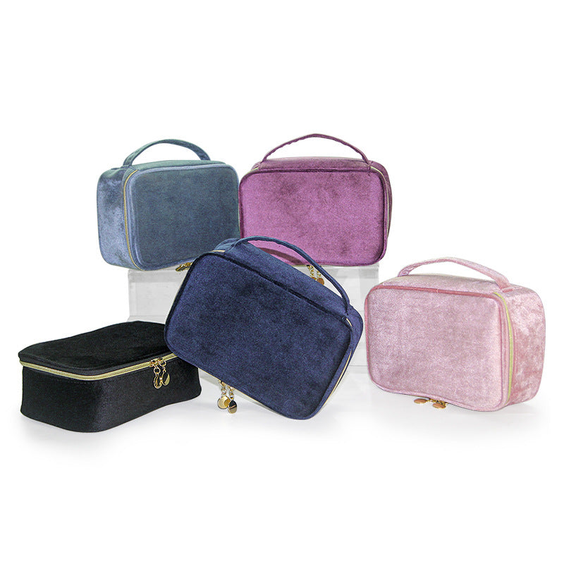 Soft travel cosmetic case assortment with top handles and zip closure, multicolor velvet fabric