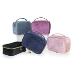 Soft travel cosmetic case assortment with top handles and zip closure, multicolor velvet fabric
