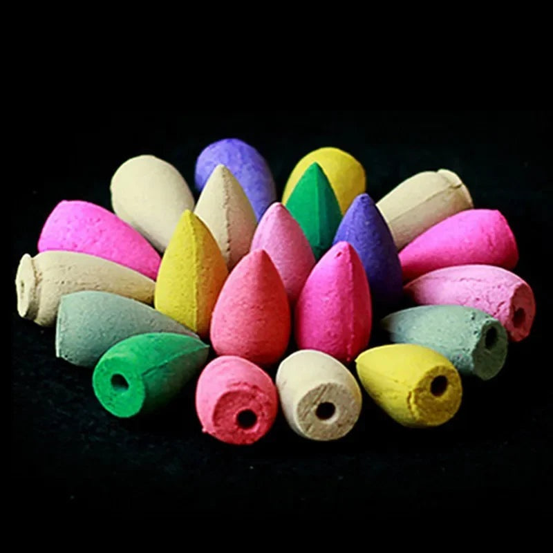 Assorted backflow incense cones, multicolor cone-shaped incense pieces