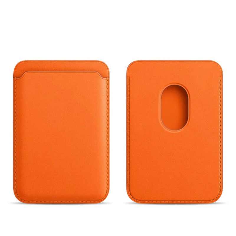 Amber Orange PU MagSafe wallet: smooth front and oval magnet slot back