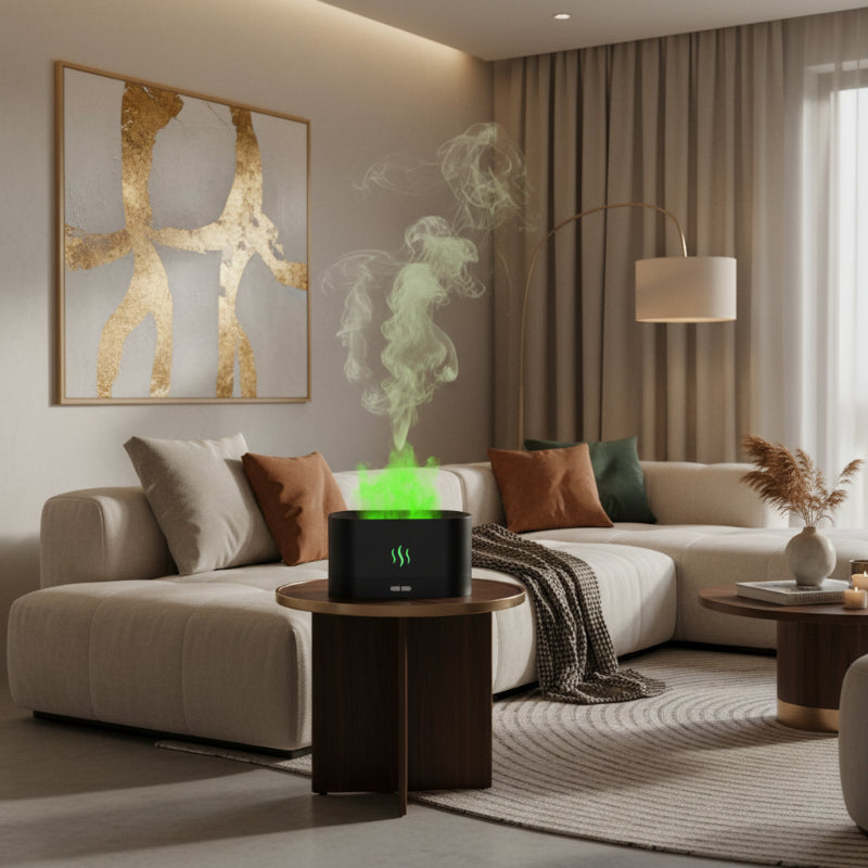 Black flame humidifier with glowing green vapor coming from top vent